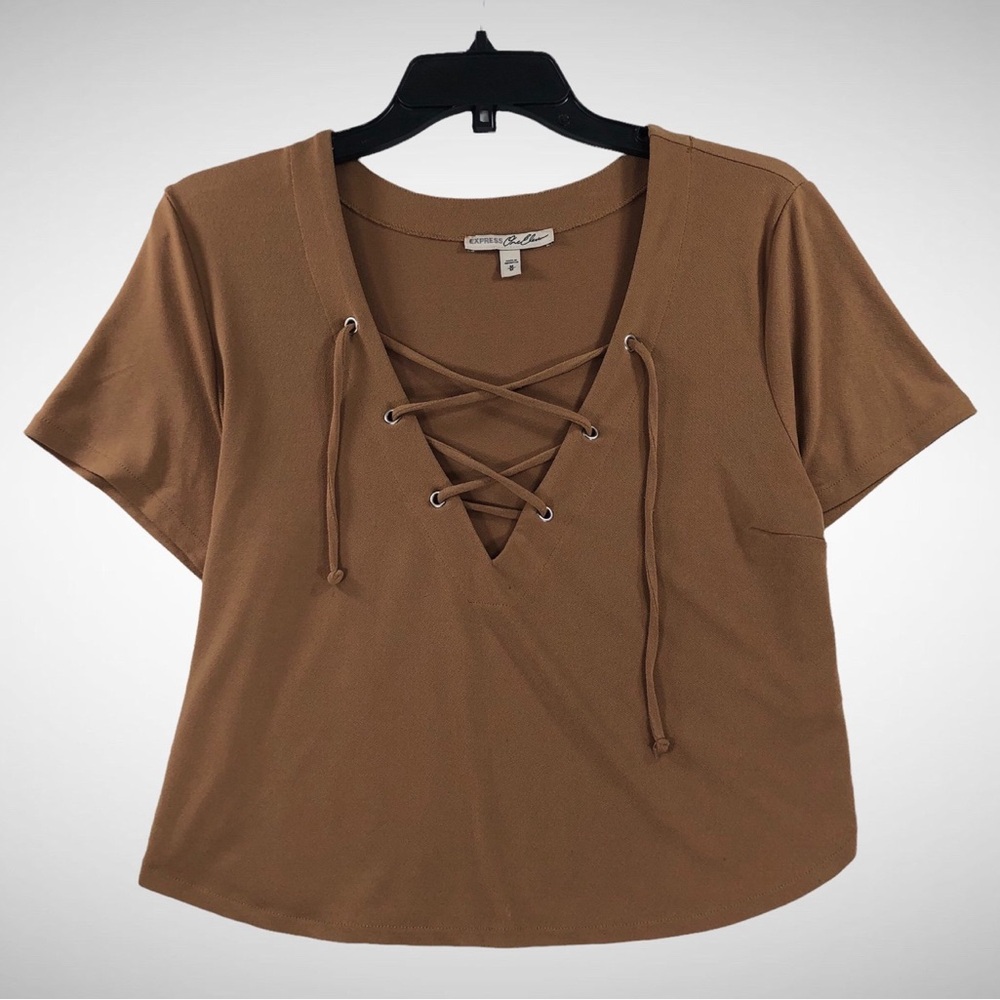 Express One Eleven Lace Up Tan Top Size Medium!